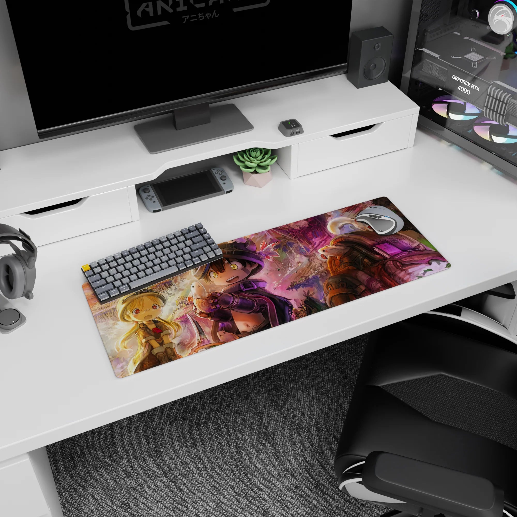 32x12 inches anime mouse pad of wide-eyed explorer holding a tiny creature as blonde partner looks on.