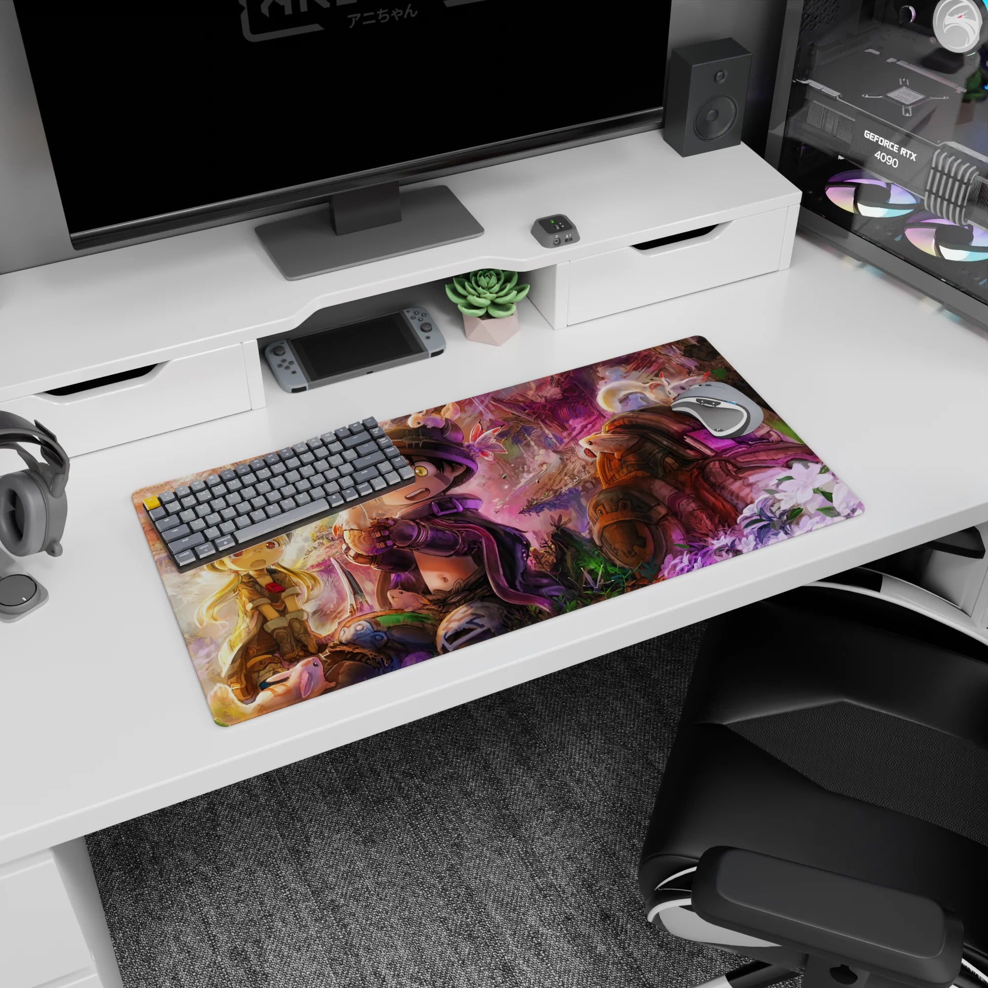 32x16 inches anime mouse pad showing a wide-eyed explorer holding a tiny creature as partner looks on.
