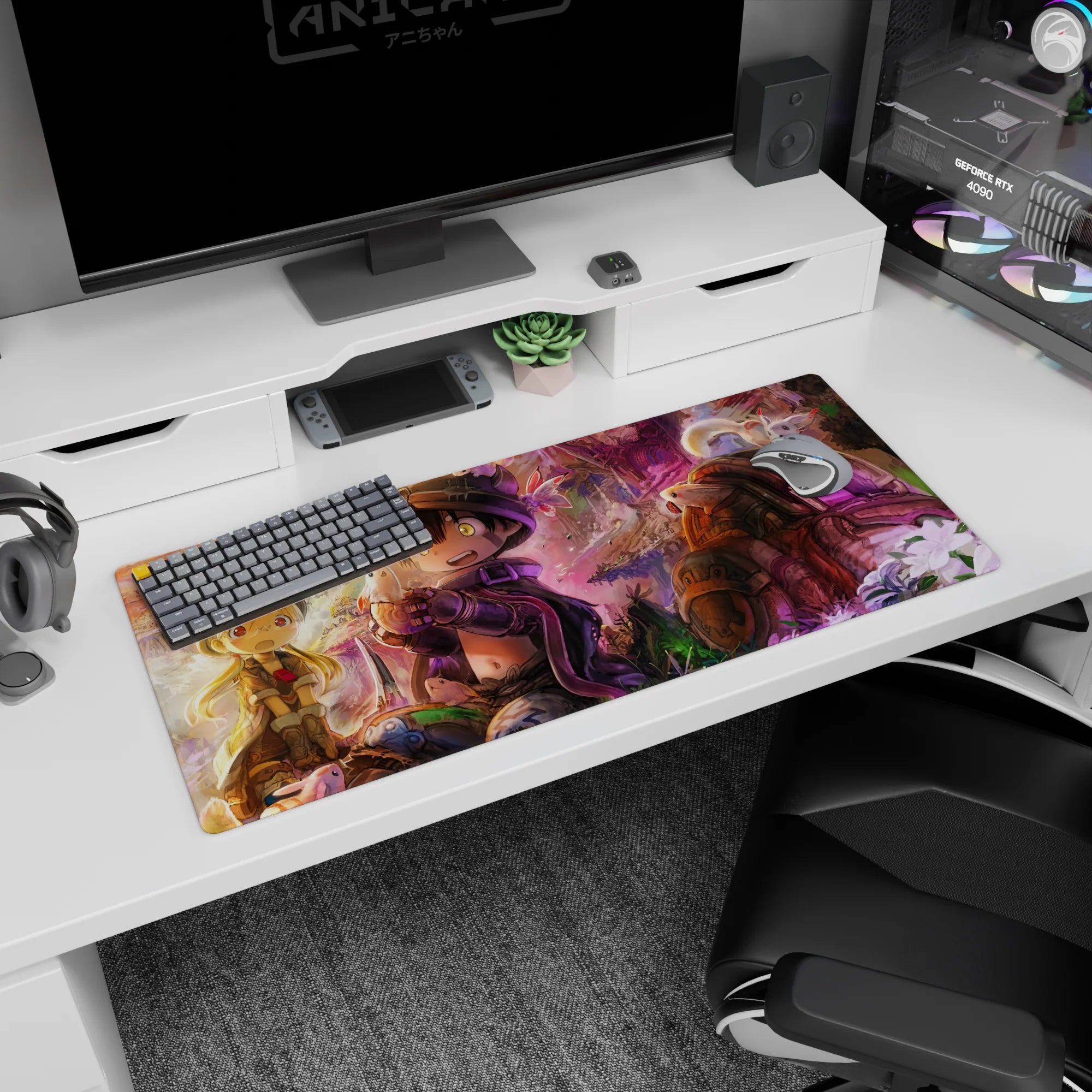 Wide-eyed helmeted explorer holding a tiny creature as blonde partner watches, desk pad 36x16 inches.
