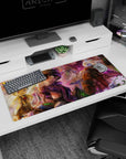 Wide-eyed helmeted explorer holding a tiny creature as blonde partner watches, desk pad 36x16 inches.