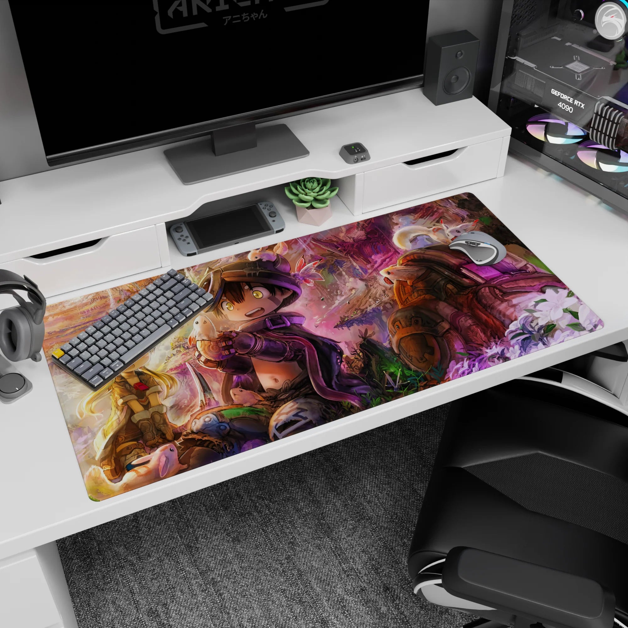 Wide-eyed helmeted explorer holding a tiny creature, blonde partner amazed, anime desk pad 40x20 inches.