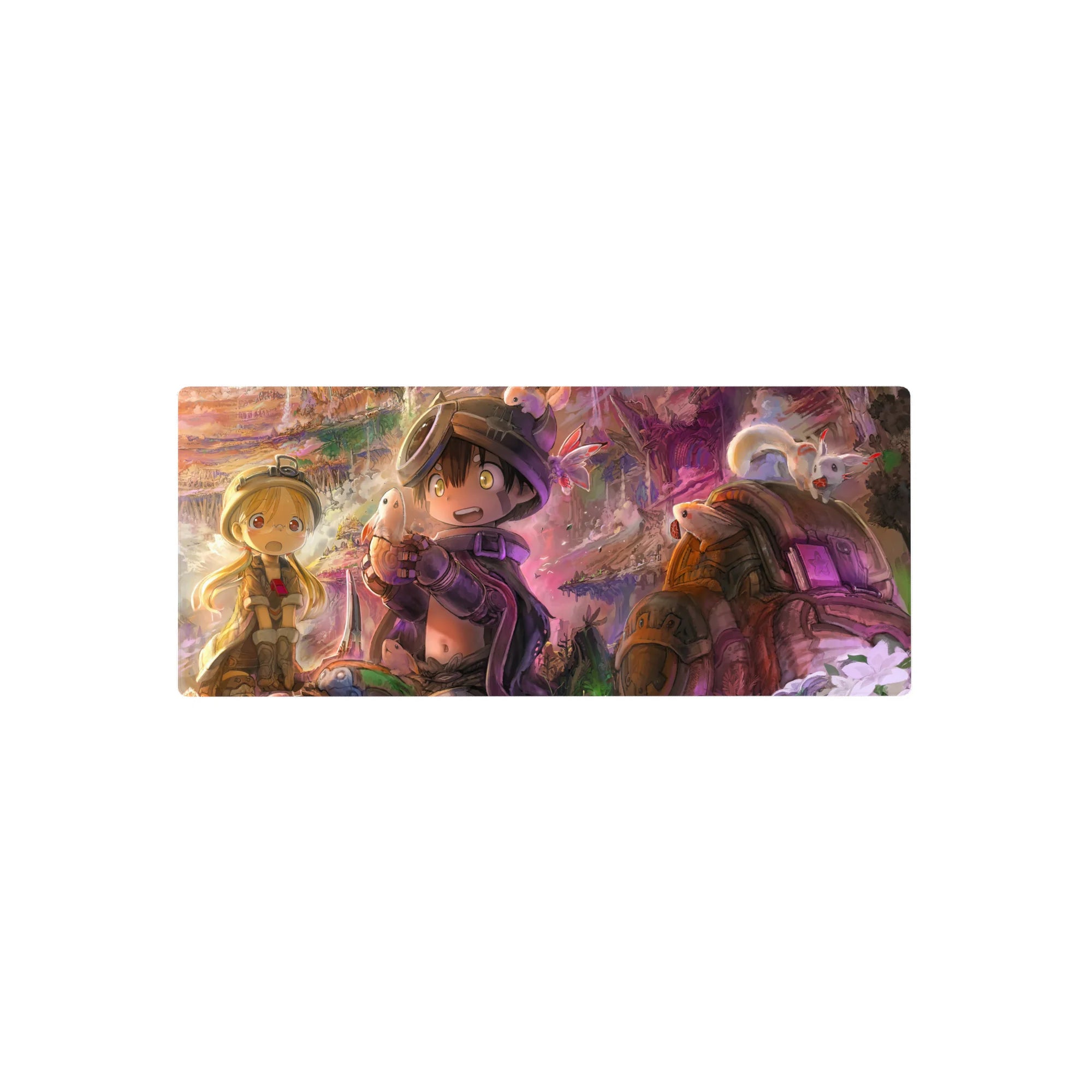 28x12 inches anime mouse pad with cave explorers, tiny creature treasure, ruins, spores, lived-in gear.