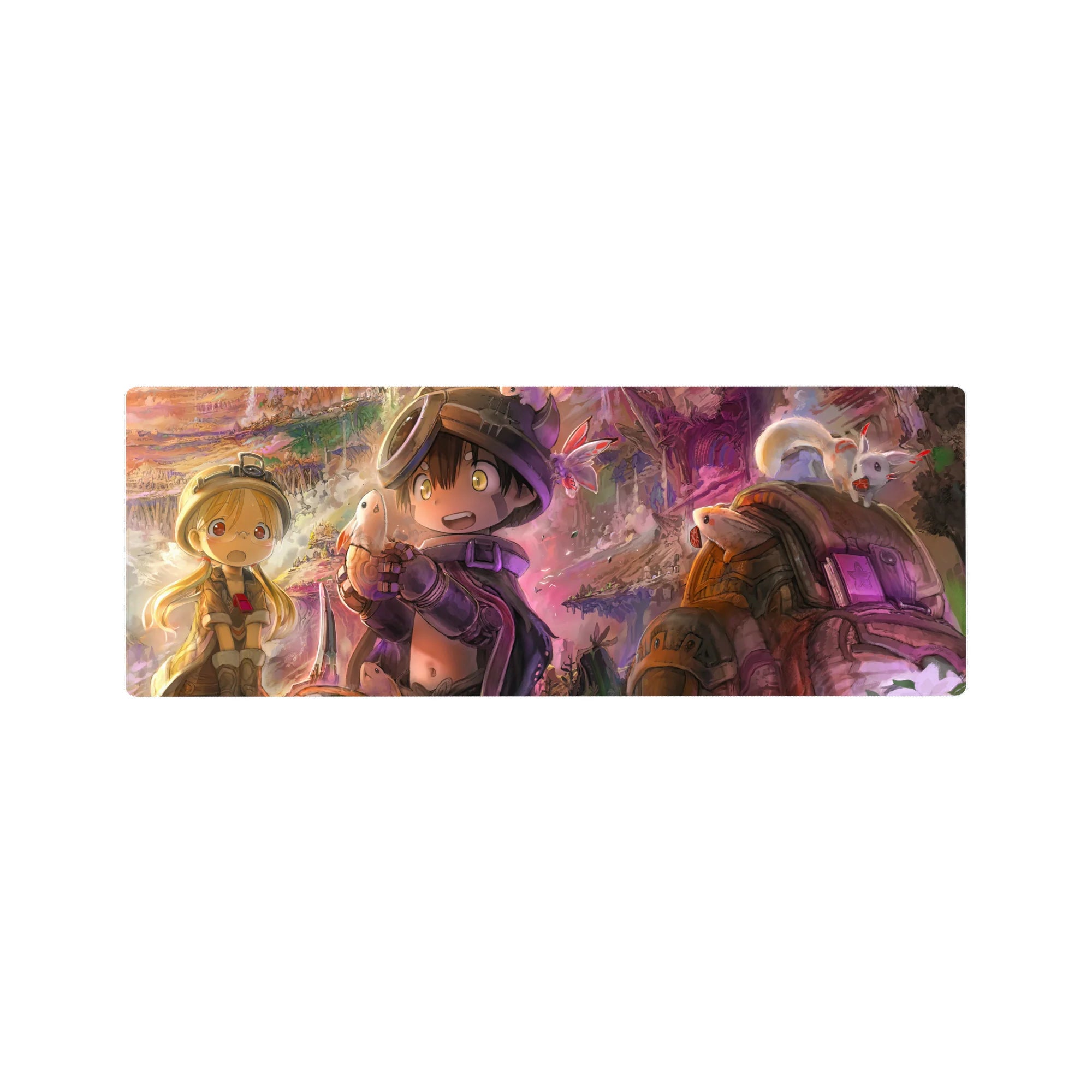 32x12 inches anime mouse pad with cave explorers, tiny creature treasure, lush ruins and floating spores.