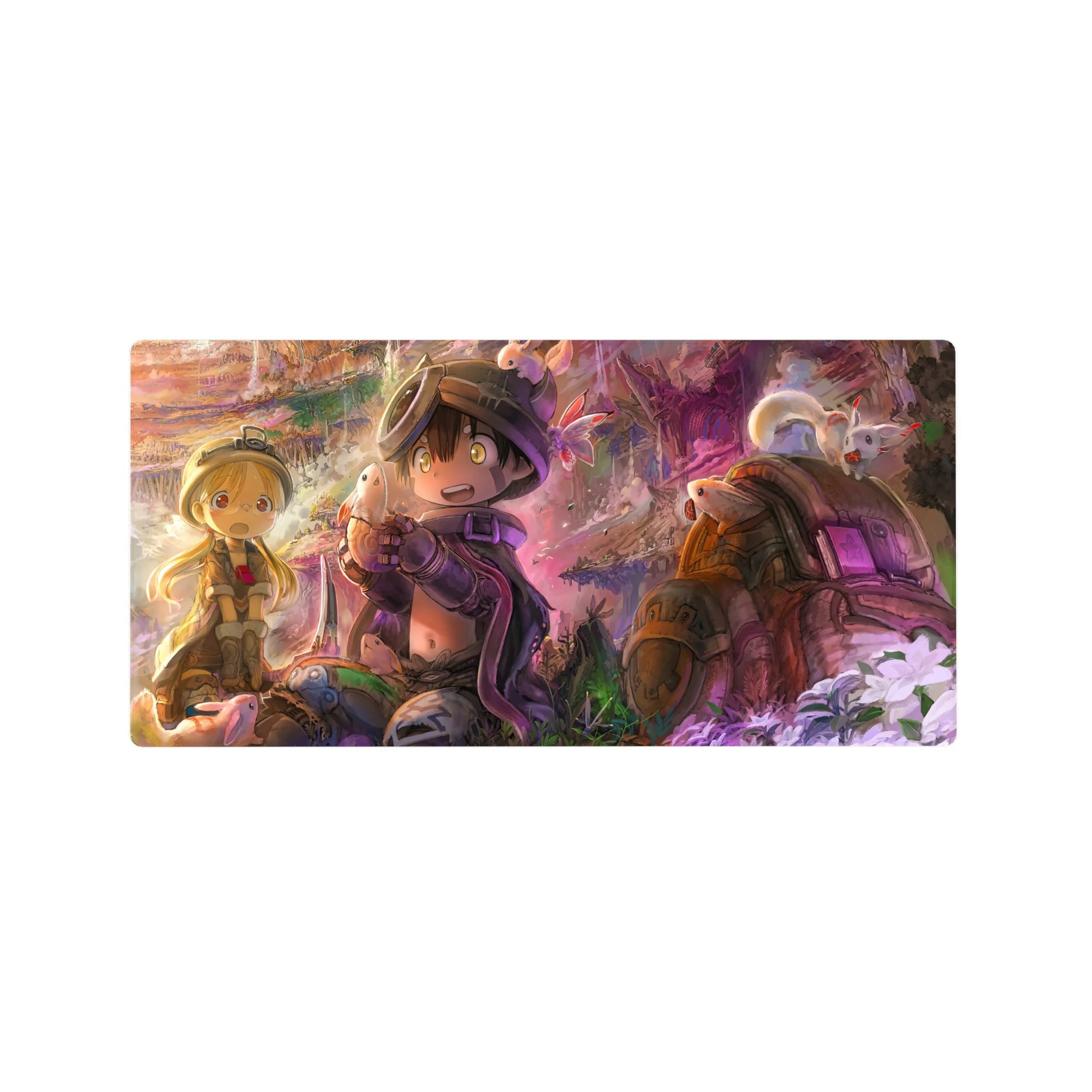 32x16 inches anime mouse pad with cave explorers, tiny creature treasure, ruins, spores, and rugged gear.