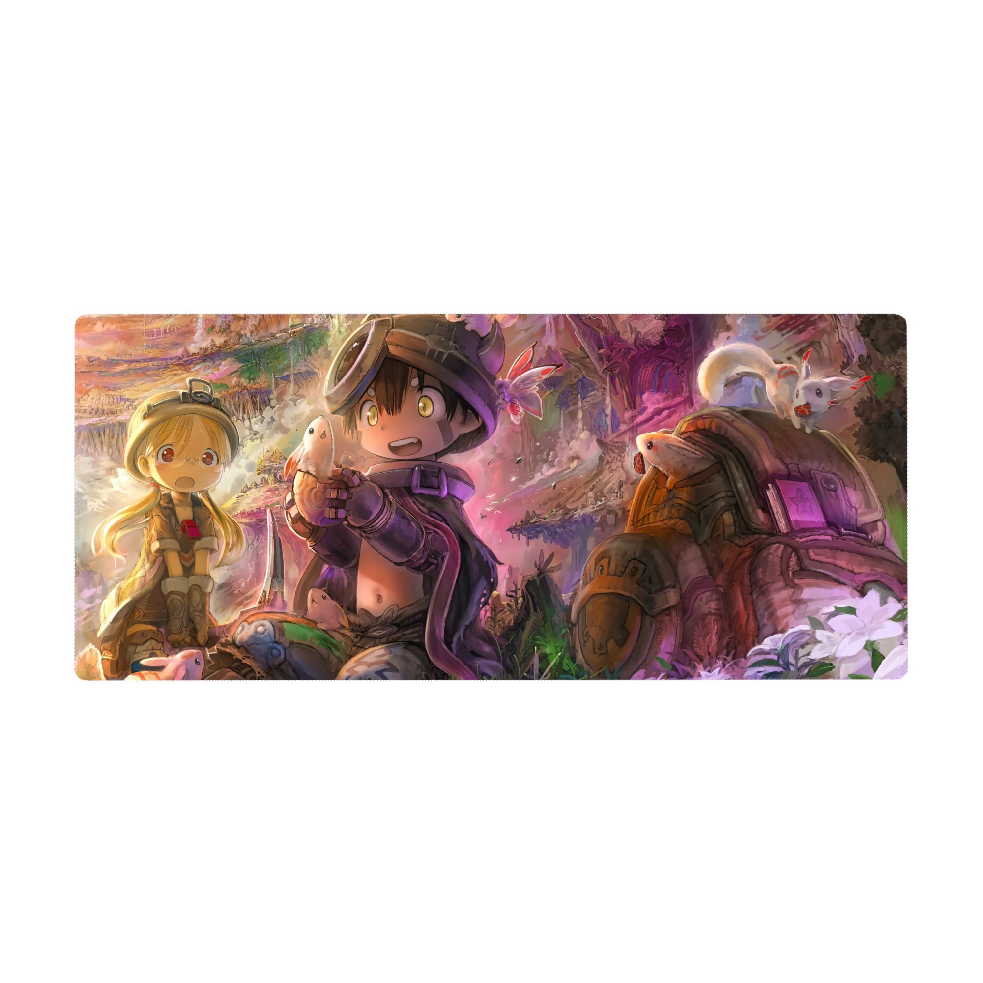 Anime desk pad 36x16 inches with cave explorers, tiny creature treasure, lush ruins and floating spores.