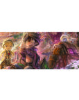 Anime desk pad 36x16 inches with cave explorers, tiny creature treasure, lush ruins and floating spores.