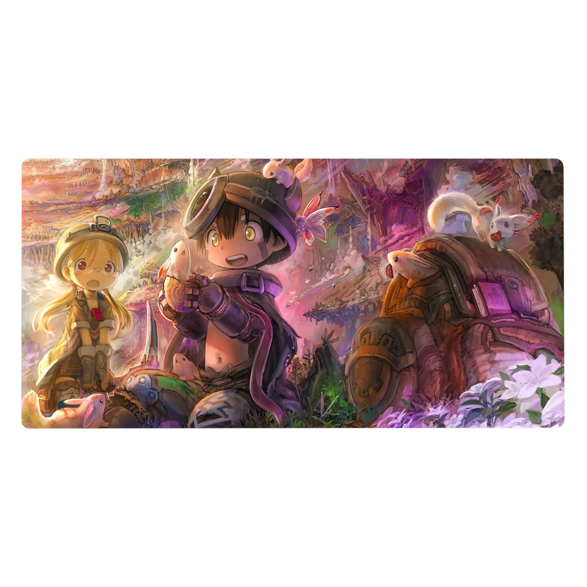 Anime desk pad 40x20 inches with cave explorers, tiny critter treasure, ruins, spores, and gear details.