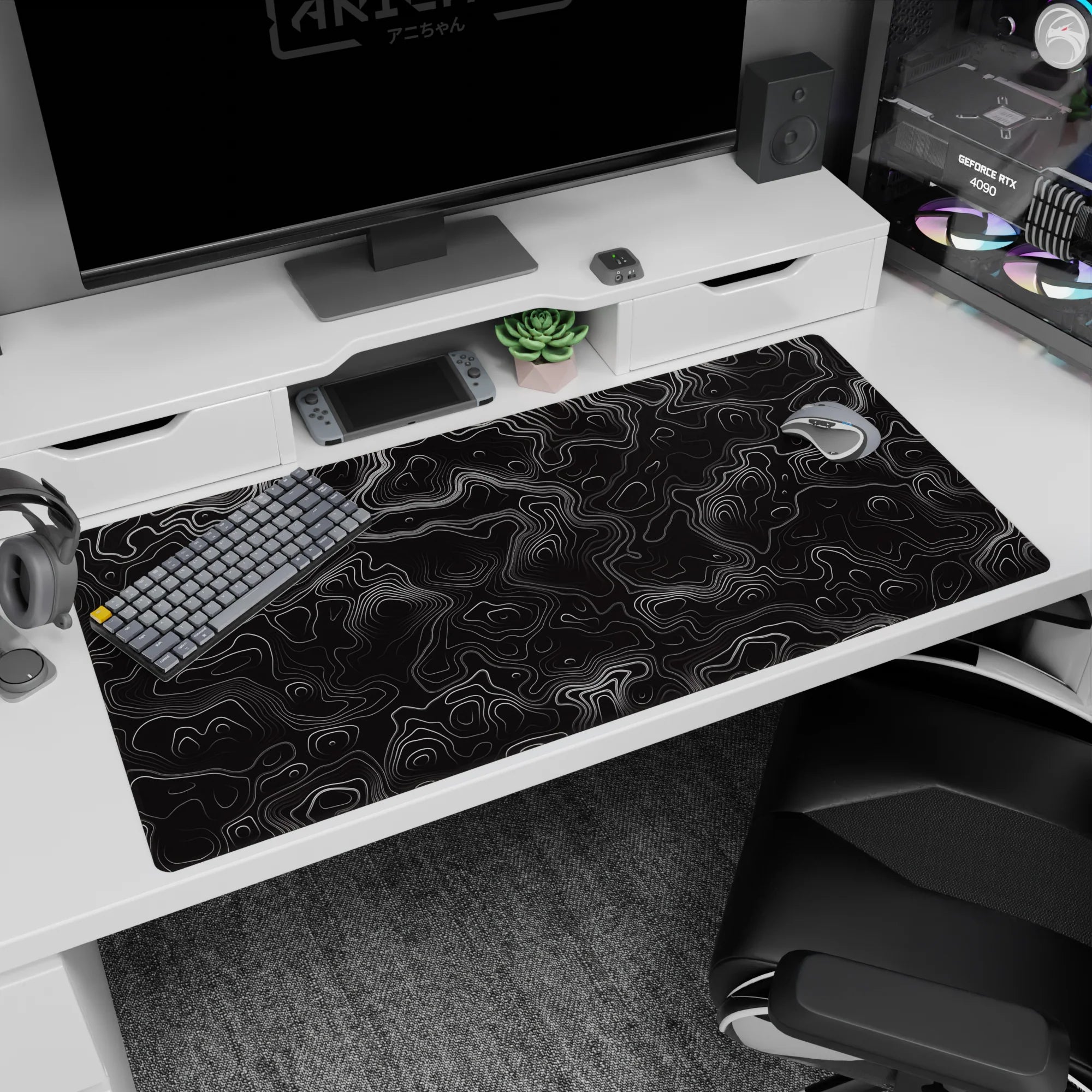 Topographic (Topo) Deskmat | Mousepad | Deskpad - Monochrome Topographic Journey - AniChan