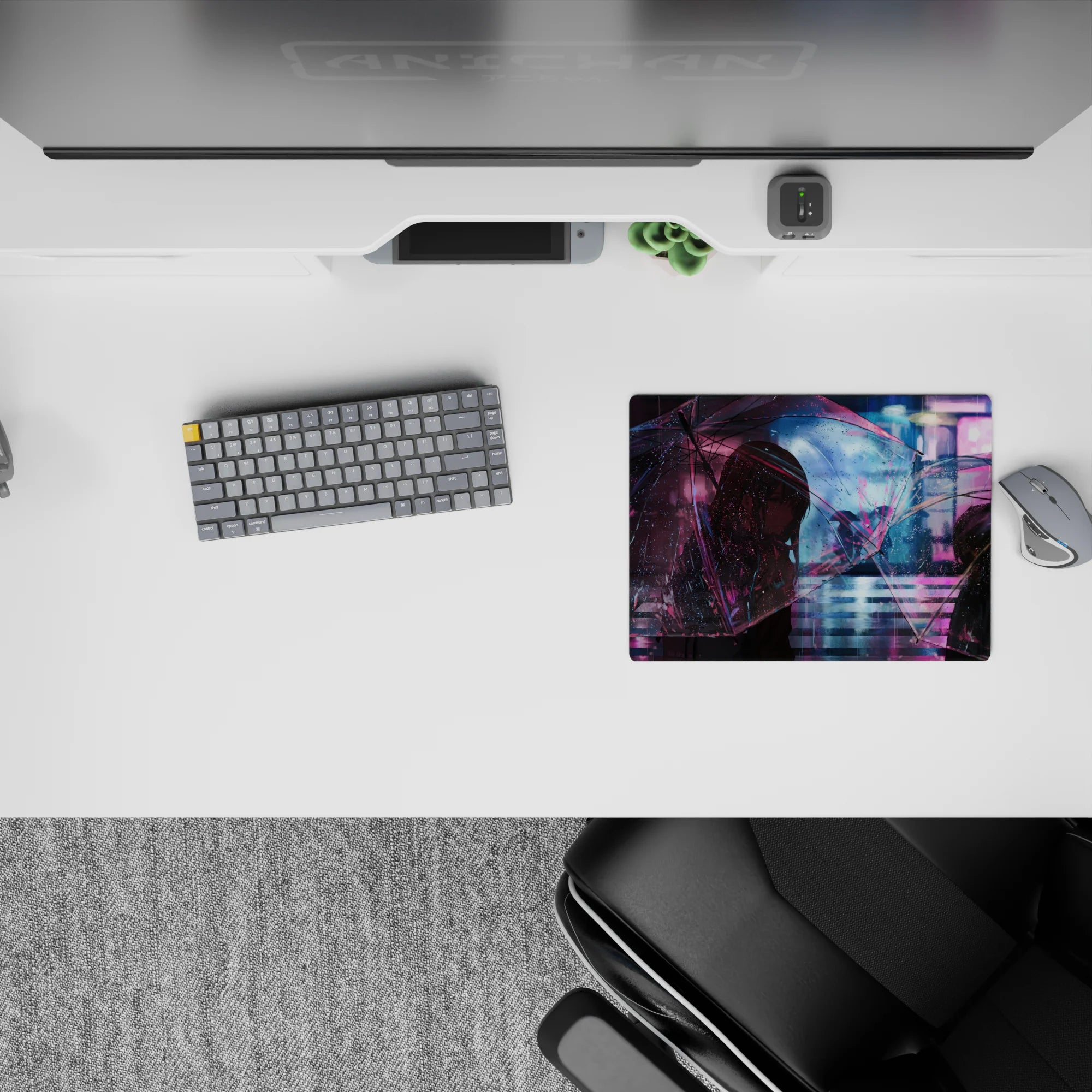 Anime girl mouse pad 14x10 inches in violet, cyan glow with pink rain reflections, cozy moody vibe.