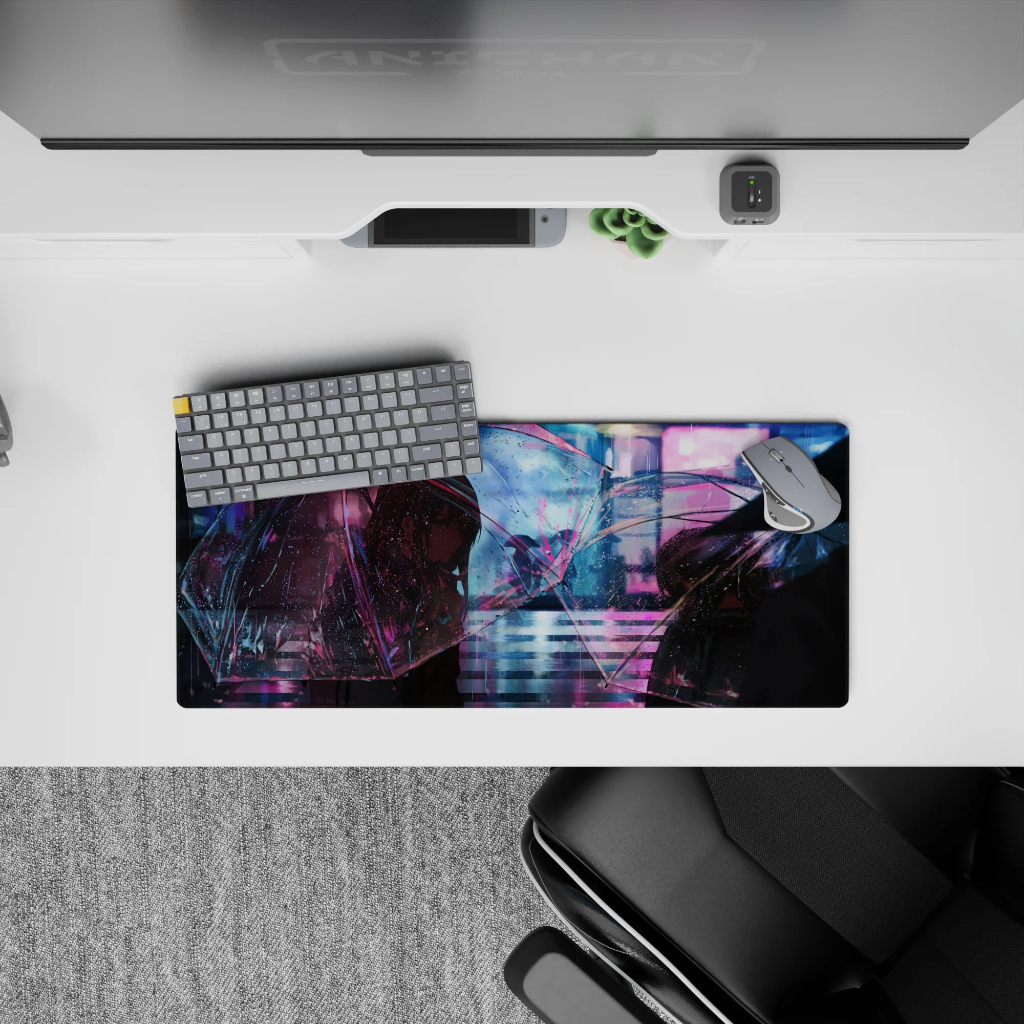 28x12 inches mouse pad in violet, cyan, and pink neon glow, dreamy rainy-night romance mood.