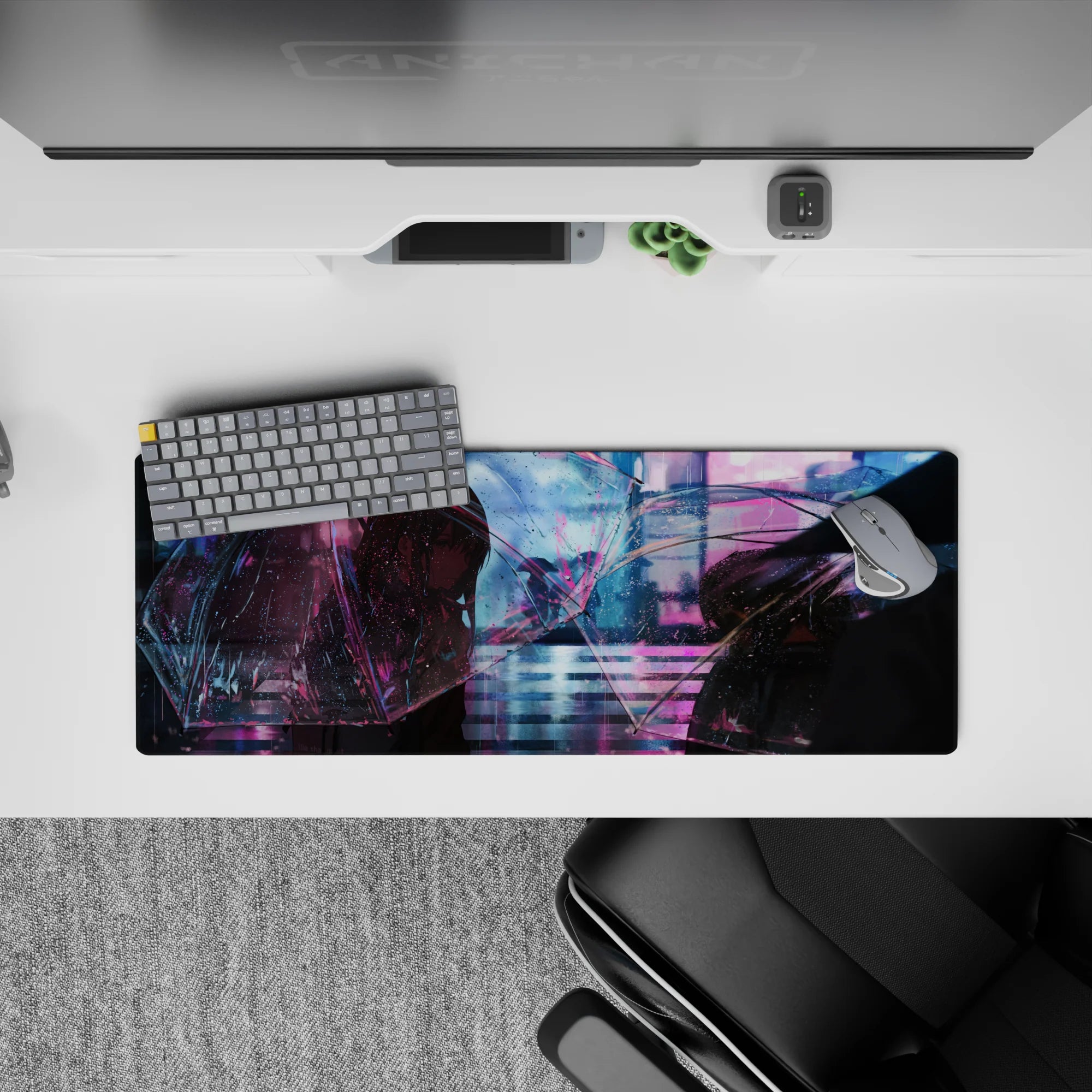 32x12 inches anime girl mouse pad in violet-cyan glow with pink rain reflections, moody late-night vibe.