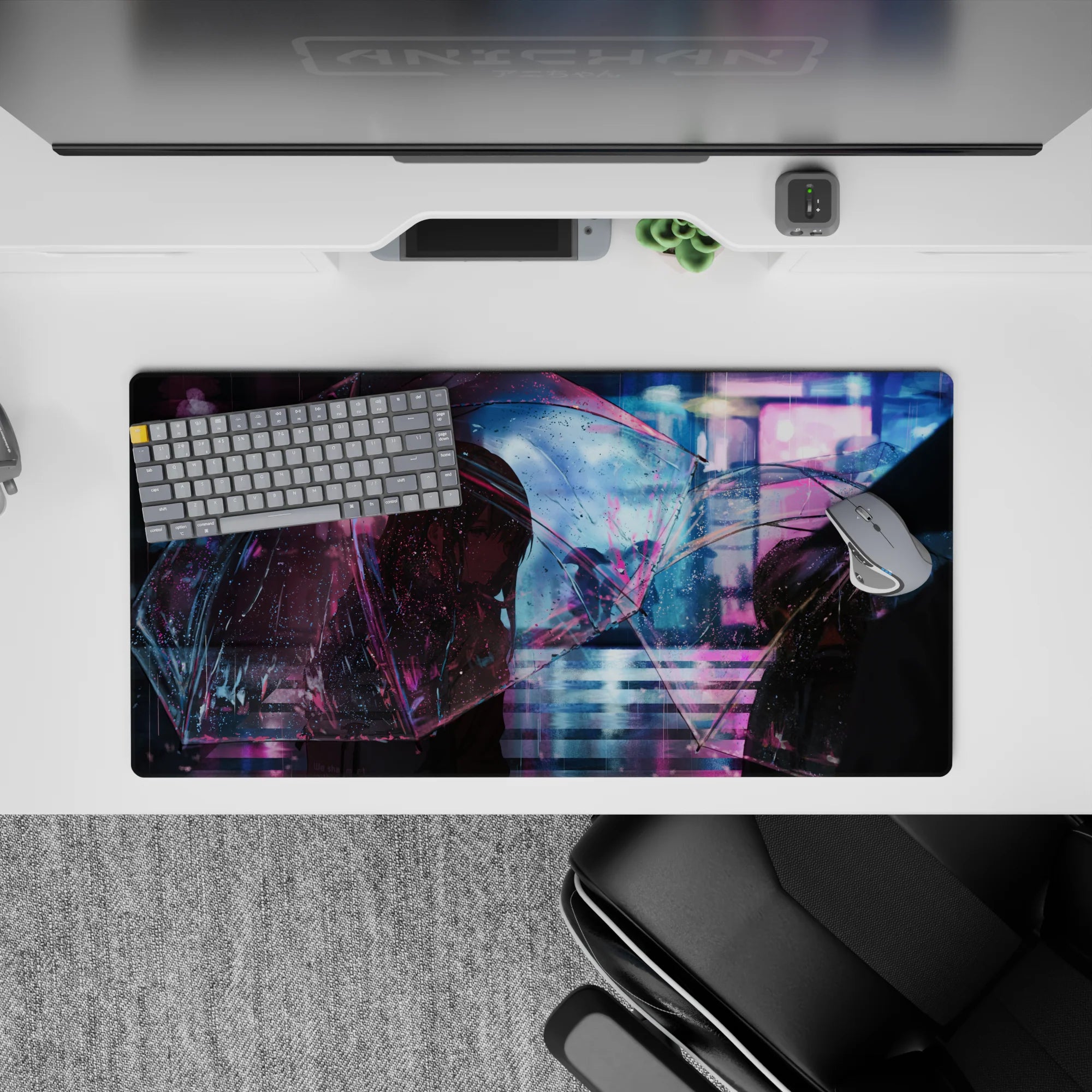 32x16 inches anime mouse pad in violet, cyan, and pink neon glow, moody late-night rain aesthetic.