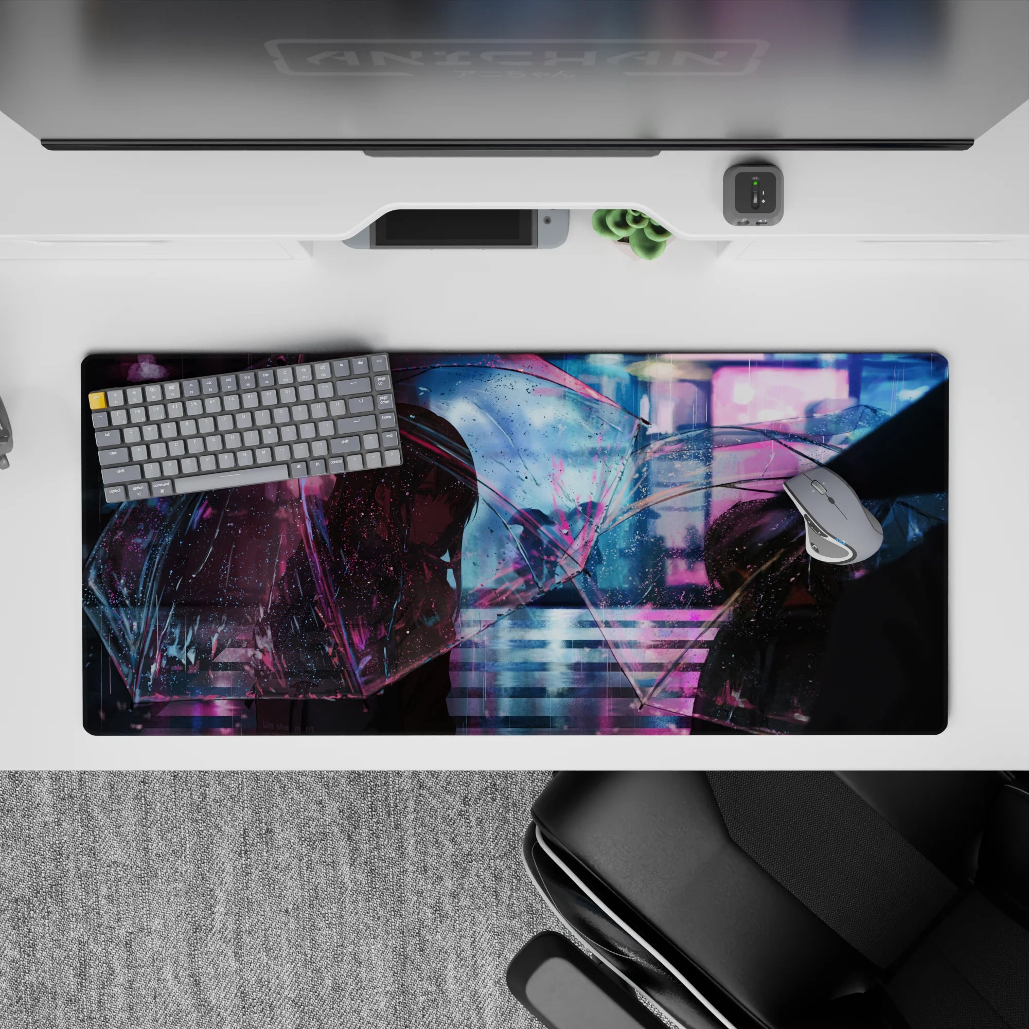 Moody violet and cyan glow desk pad 36x16 inches with pink rain reflections, dreamy anime vibe.