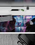 Moody violet and cyan glow desk pad 36x16 inches with pink rain reflections, dreamy anime vibe.