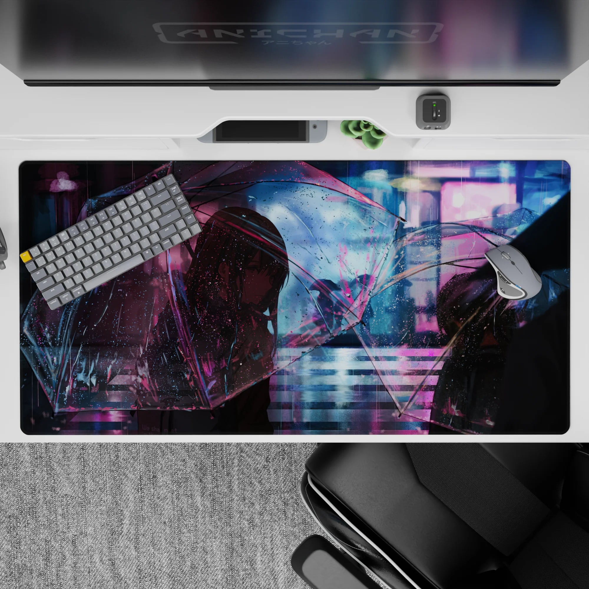 40x20 inches desk pad in violet, cyan, and pink neon glow with moody late-night rain ambiance.