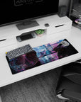 32x12 inches anime girl mouse pad showing a quiet girl under a clear umbrella in glittering neon rain.