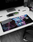 Quiet anime girl under a clear umbrella in glittering raindrops desk pad 36x16 inches.