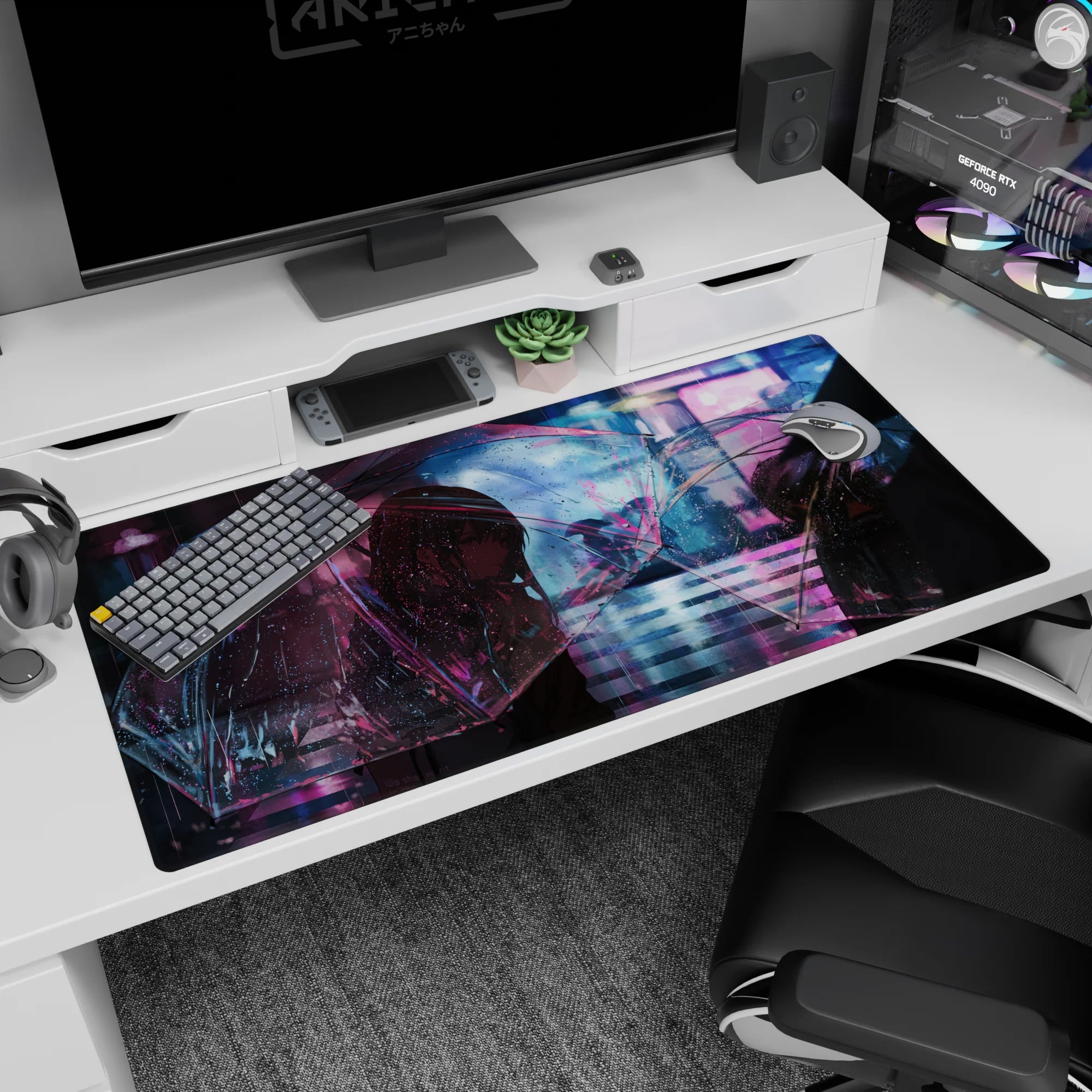40x20 inches anime desk pad featuring a quiet girl under a clear umbrella in a neon rain-soaked street.