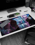40x20 inches anime desk pad featuring a quiet girl under a clear umbrella in a neon rain-soaked street.