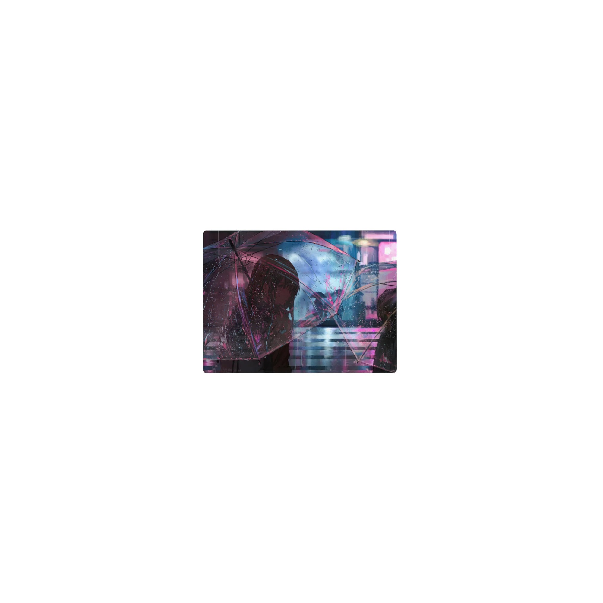 Classic anime girl mouse pad 14x10 inches with neon rainy city street art and clear umbrella.