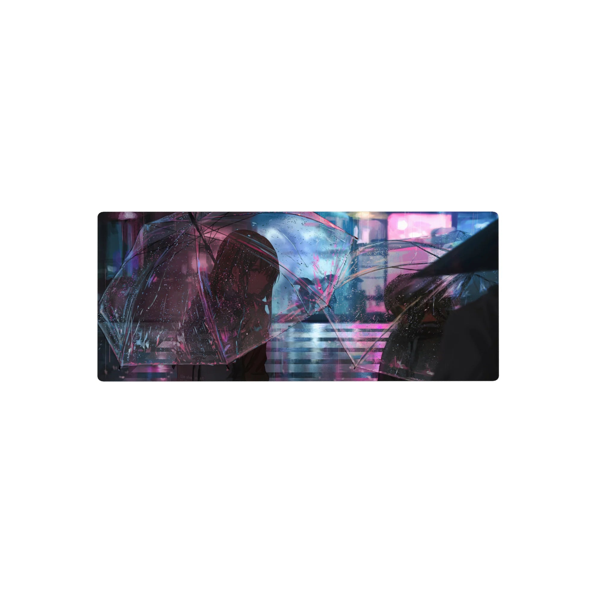 28x12 inches anime girl mouse pad with neon rainy city street art and clear umbrella, glossy reflections.