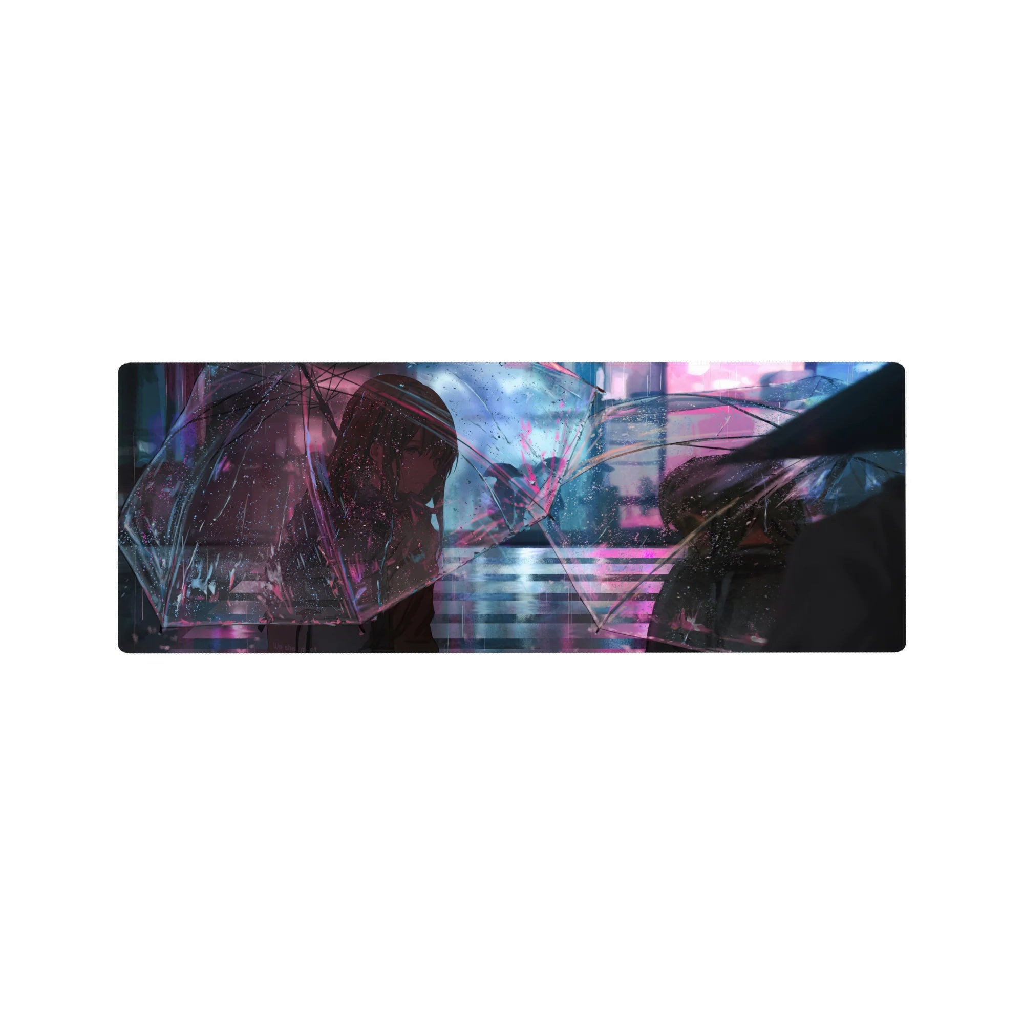 32x12 inches anime girl mouse pad with neon rainy city street art and clear umbrella, glossy reflections.