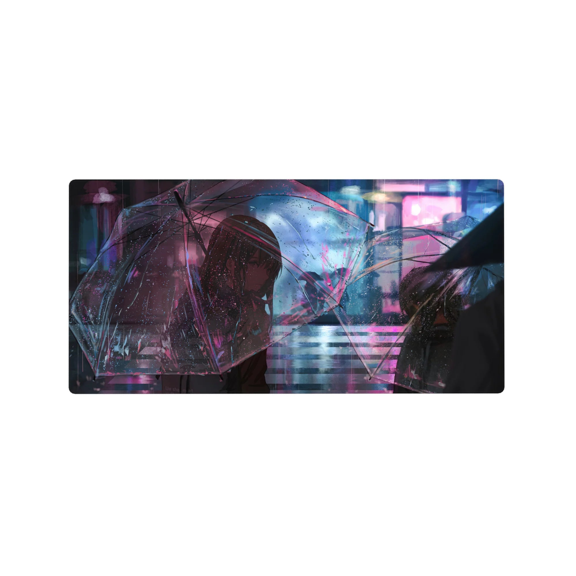 32x16 inches anime girl mouse pad with neon rainy city street art and clear umbrella, glossy reflections.