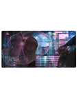 32x16 inches anime girl mouse pad with neon rainy city street art and clear umbrella, glossy reflections.