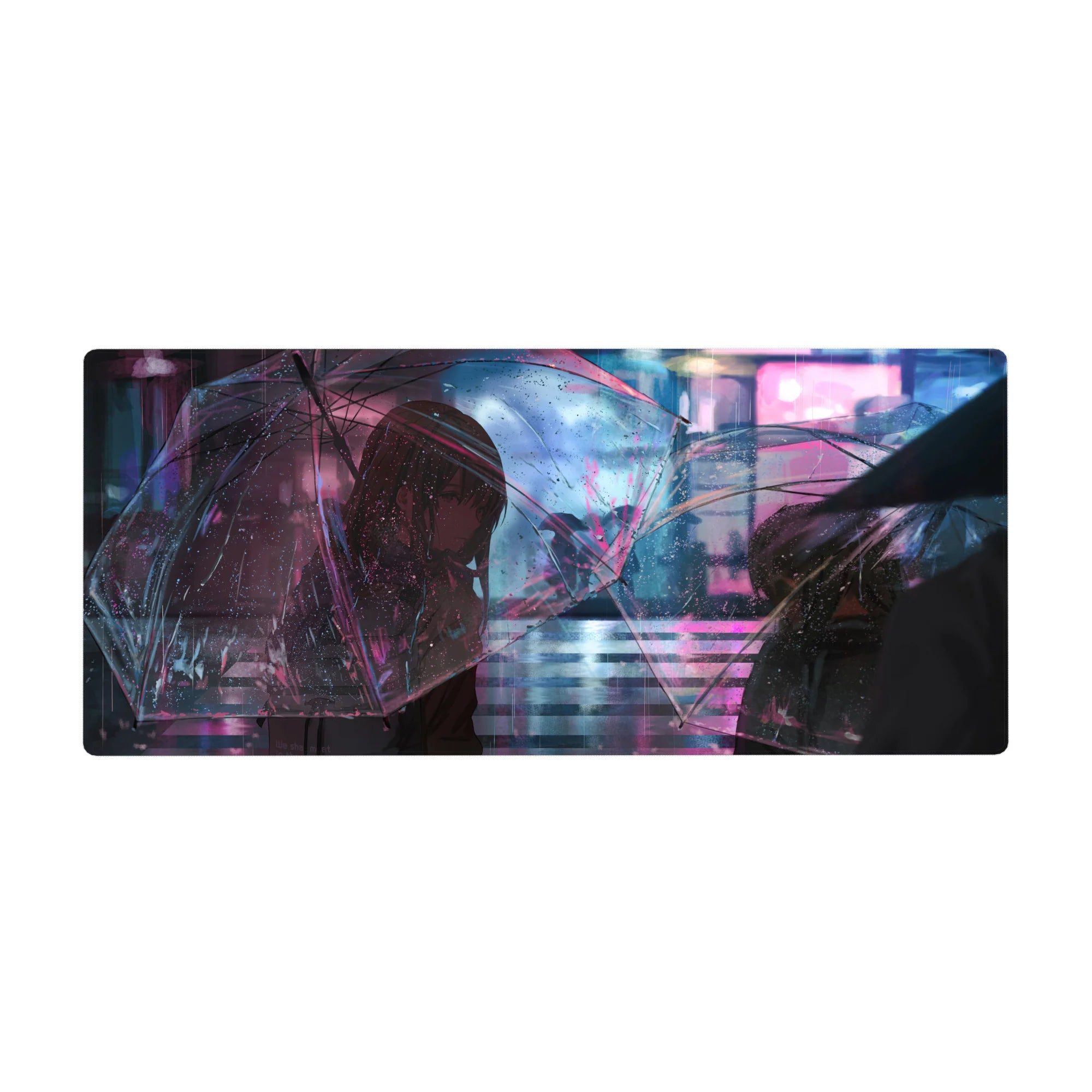 Anime girl desk pad 36x16 inches with neon rainy city street art and clear umbrella scene.