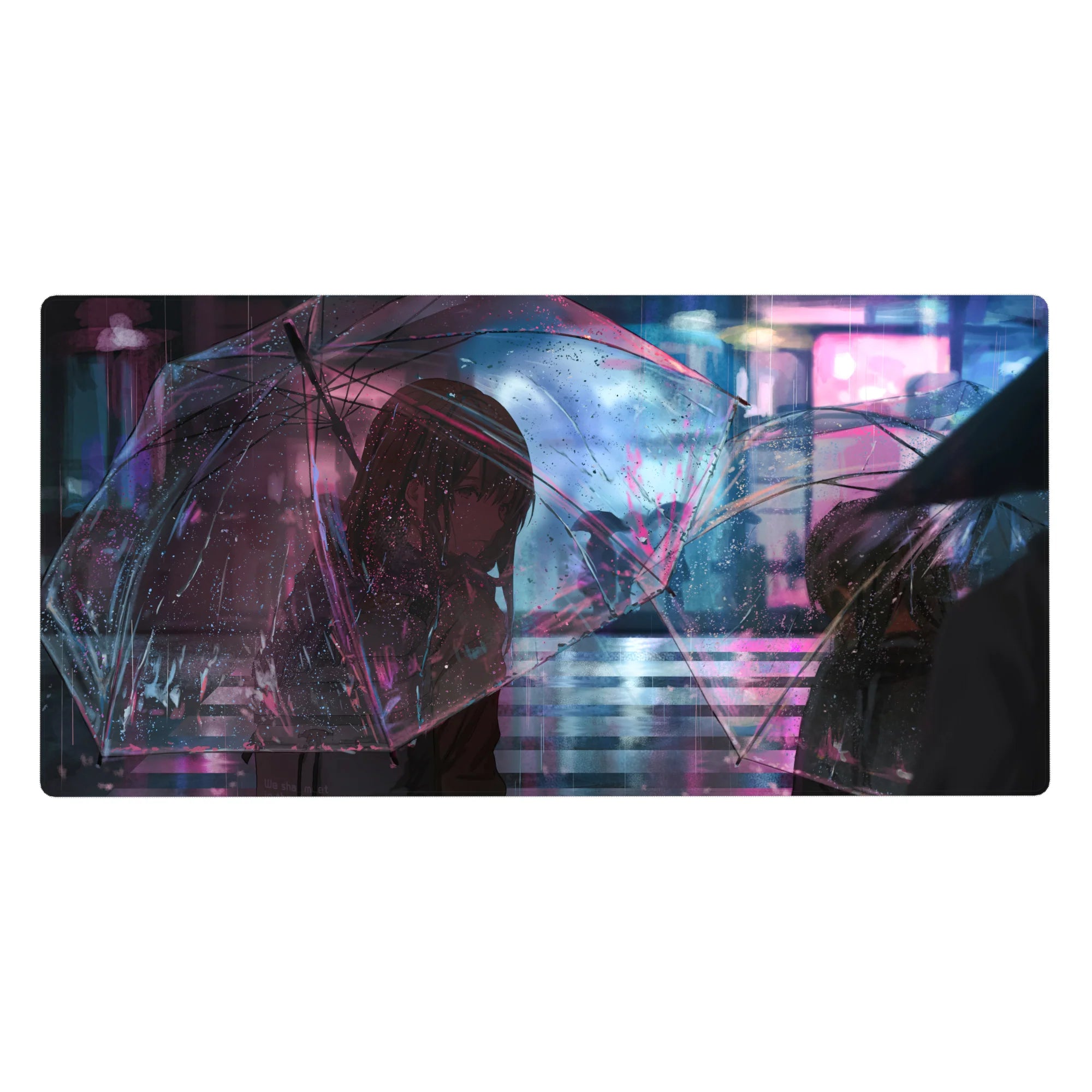 40x20 inches anime girl desk pad with neon rainy city street art and clear umbrella, glossy reflections.