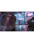 40x20 inches anime girl desk pad with neon rainy city street art and clear umbrella, glossy reflections.