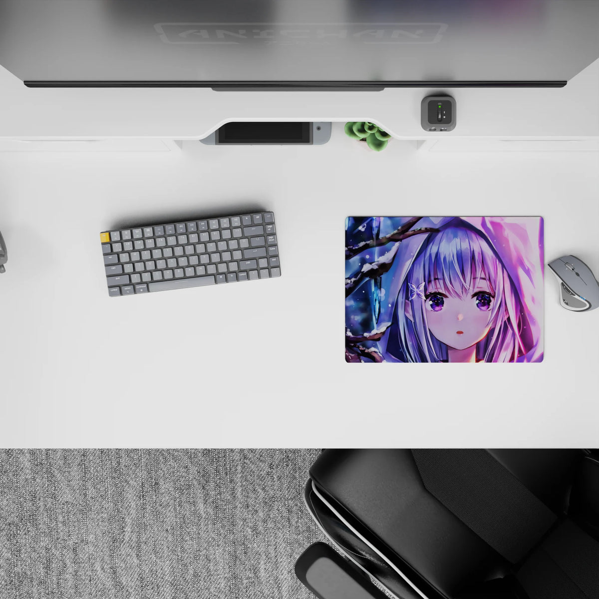Winter dream anime girl mouse pad 14x10 inches in icy purples, moonlit blues, and neon pink glow.