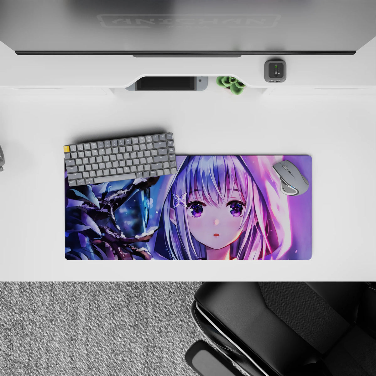 28x12 inches anime girl mouse pad in icy purple, neon pink glow, and moonlit blue winter mood.