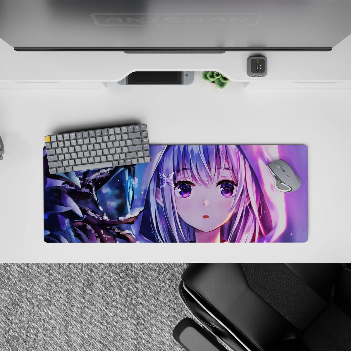 32x12 inches anime desk mat in icy purples, neon pink glow, and moonlit blues for a cozy night mood.