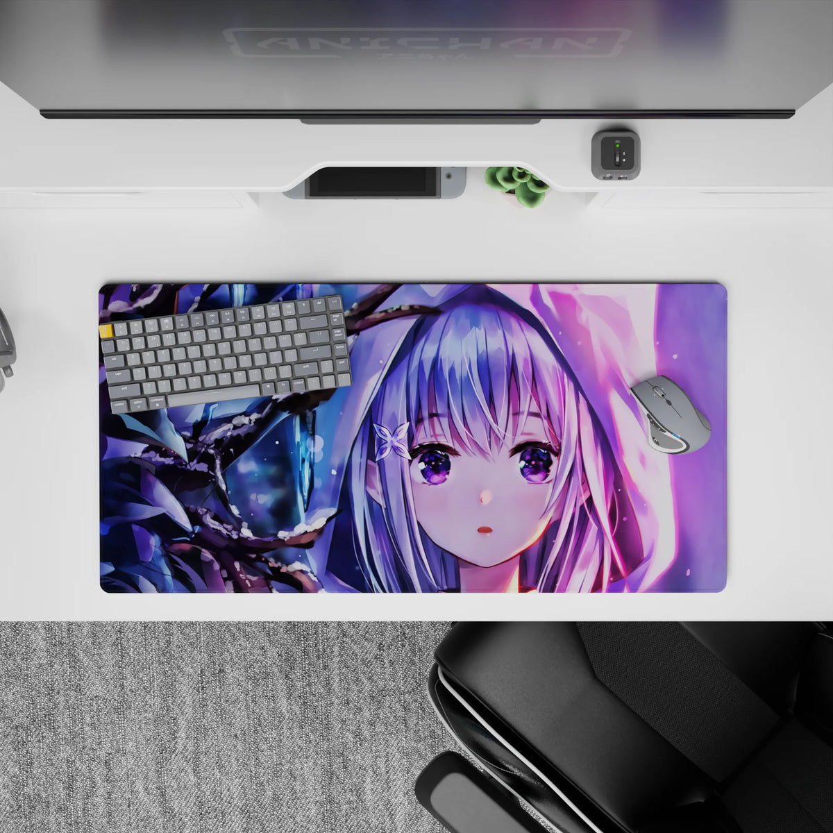 32x16 inches anime girl mouse pad in icy purples and moonlit blues with neon pink highlights, cozy night vibe.
