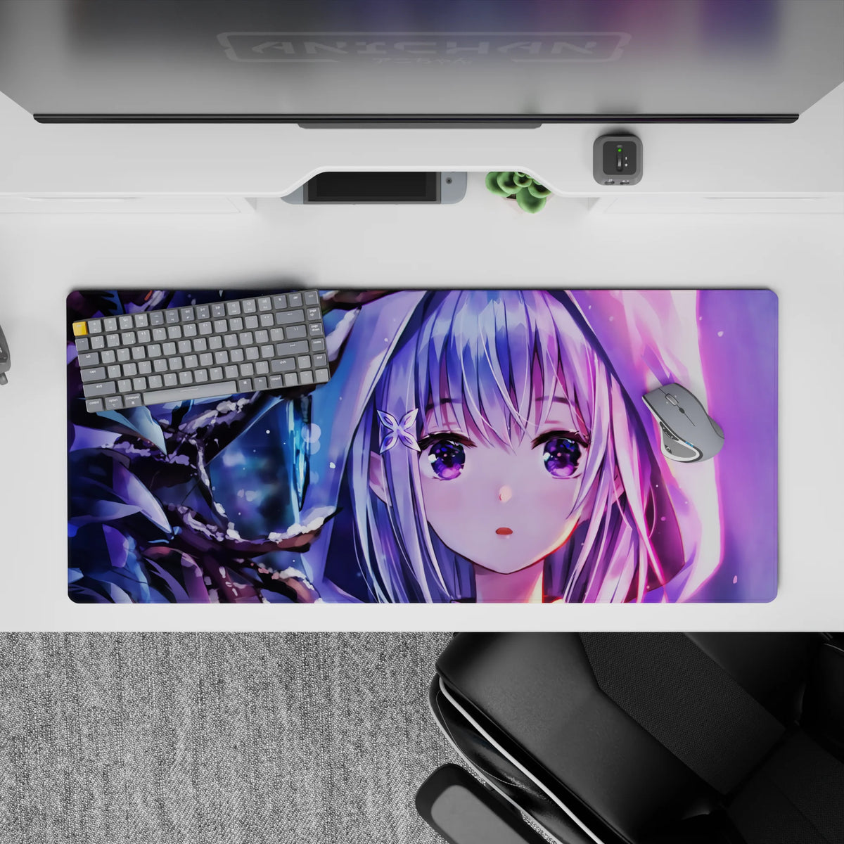 36x16 inches anime desk pad in icy purple, neon pink glow, and moonlit blue for a cozy night vibe.