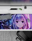 36x16 inches anime desk pad in icy purple, neon pink glow, and moonlit blue for a cozy night vibe.