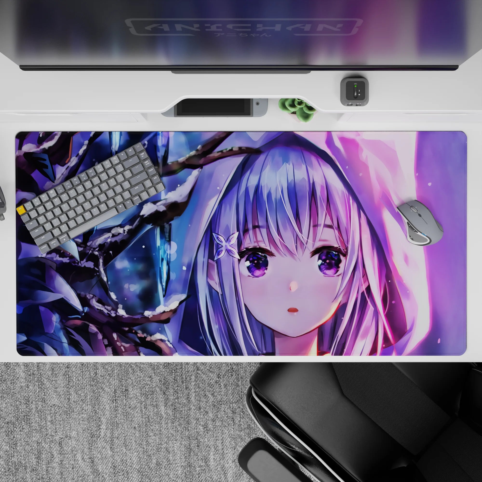 Winter neon anime desk pad 40x20 inches in icy purple, moonlit blue, and pink glow for cozy night vibes.