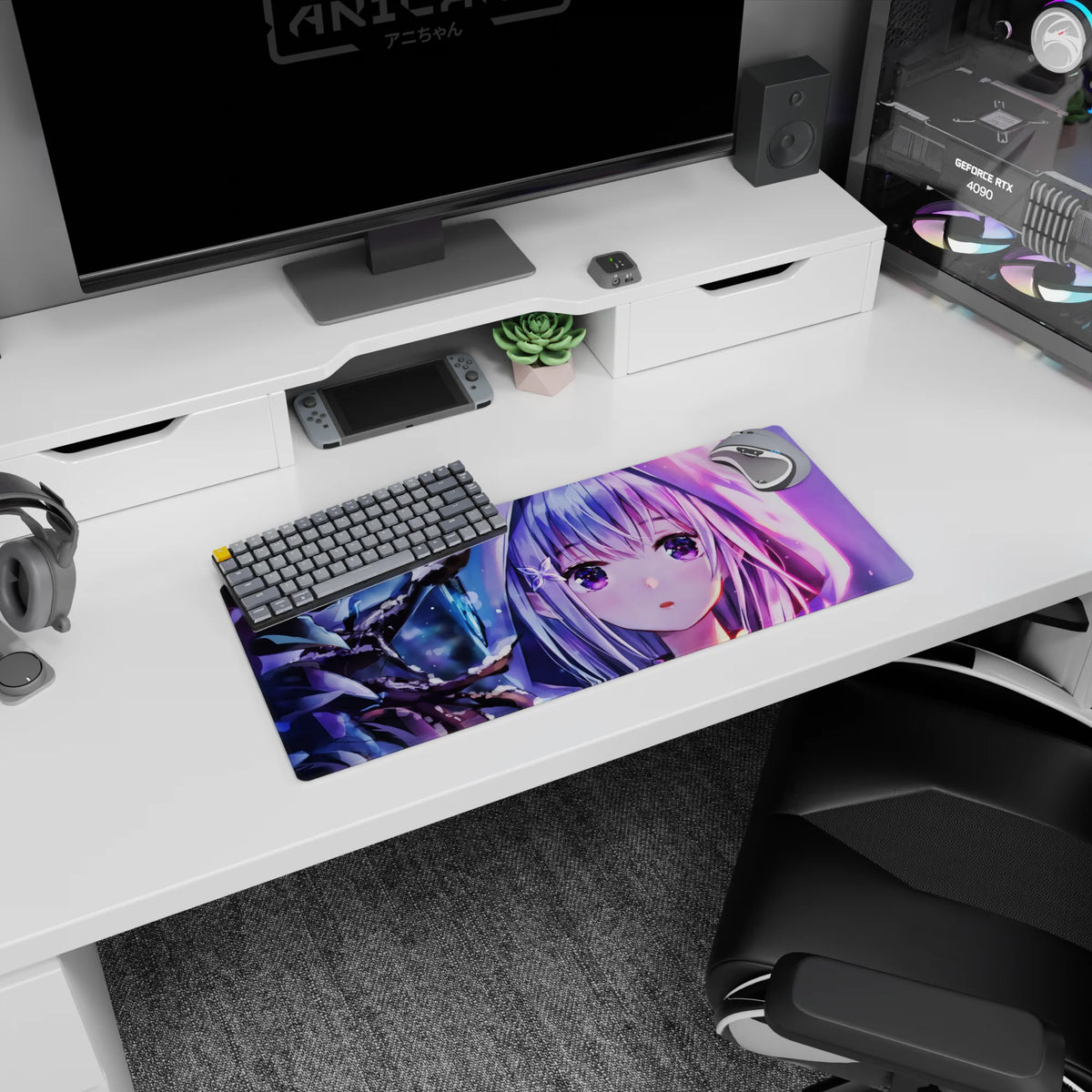 28x12 inches Re:Zero Emilia mouse pad, shy silver hair with flower clip among snowy branches at night.