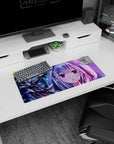 28x12 inches Re:Zero Emilia mouse pad, shy silver hair with flower clip among snowy branches at night.
