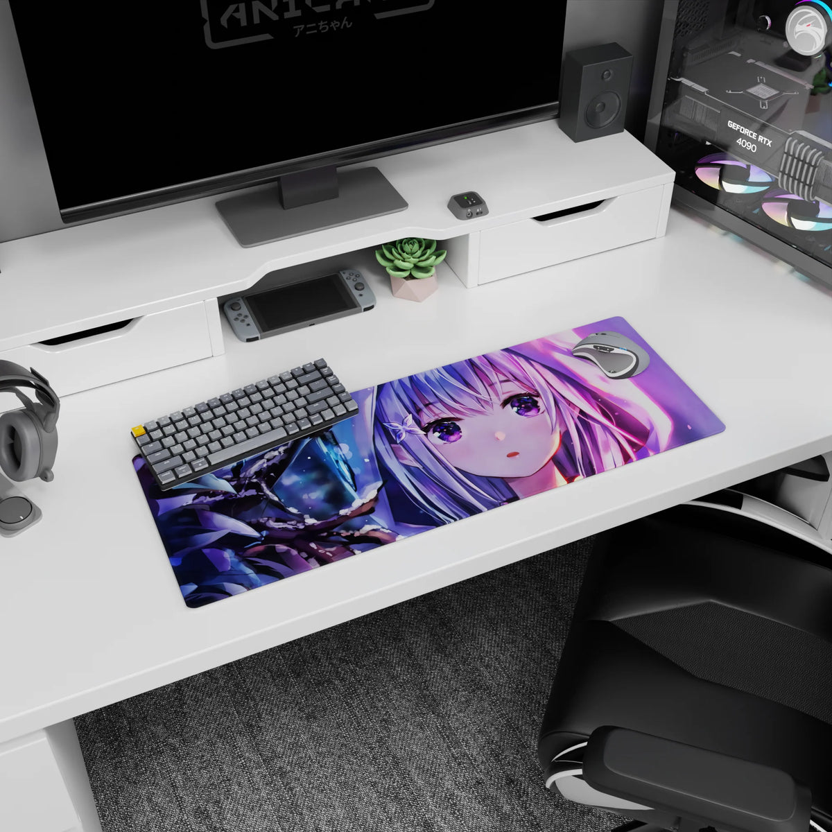 32x12 inches Re:Zero mouse pad featuring Emilia’s shy starry eyes, snowy branches, and dark woods backdrop.