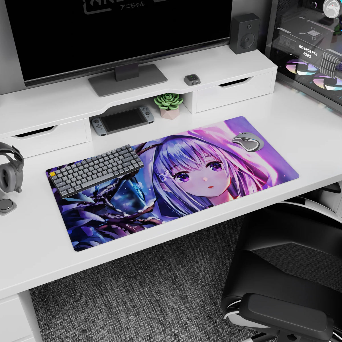 32x16 inches Re:Zero Emilia mouse pad, shy starry eyes, flower hair clip, snowy branches on dark forest.