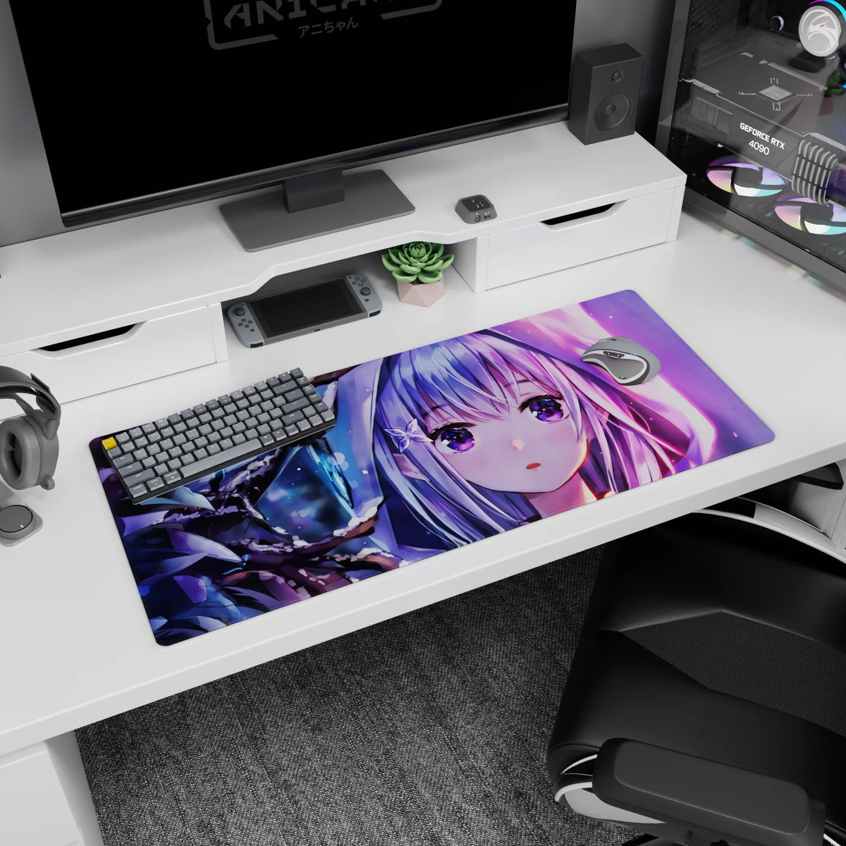 36x16 inches Re:Zero Emilia desk pad with shy starry eyes, silver hair, flower clip, snowy branches.