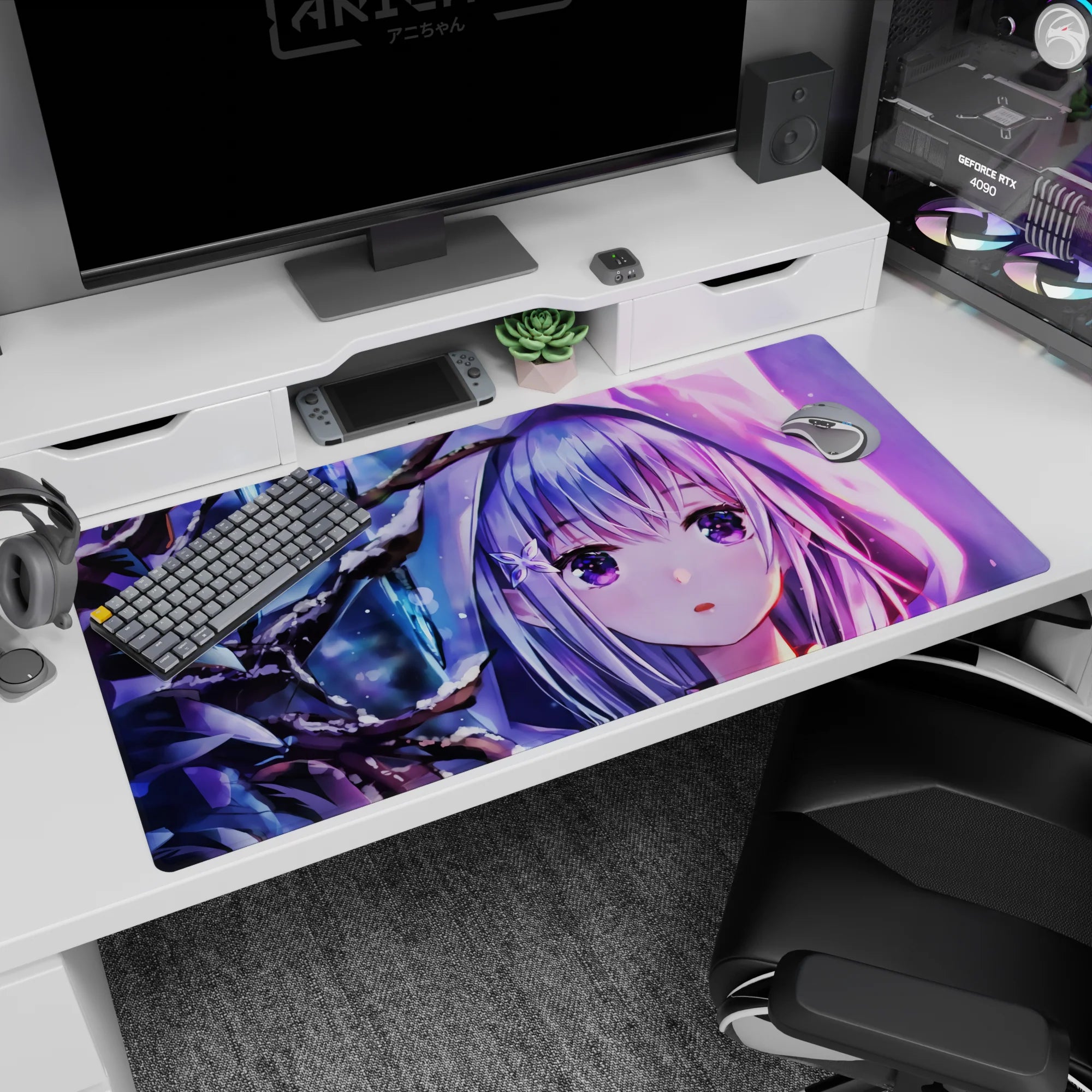 Emilia from Re:Zero anime desk pad 40x20 inches, shy gaze with flower clip in a moonlit snowy scene.