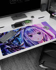Emilia from Re:Zero anime desk pad 40x20 inches, shy gaze with flower clip in a moonlit snowy scene.