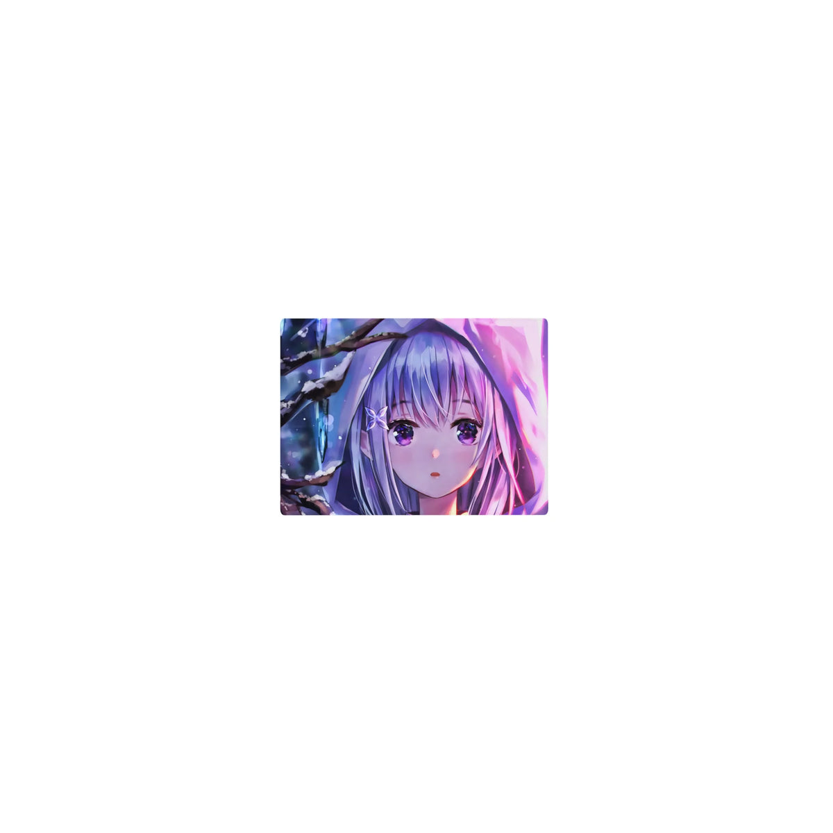 Classic anime girl mouse pad 14x10 inches with silver-haired girl, flower clip, snowy forest backdrop.