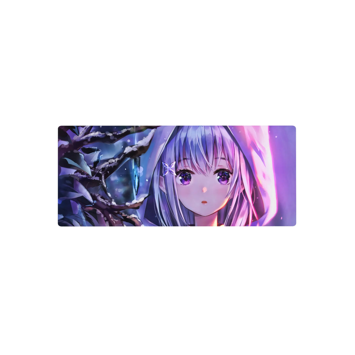 28x12 inches anime girl mouse pad with winter forest art, silver-haired girl and starry eyes.