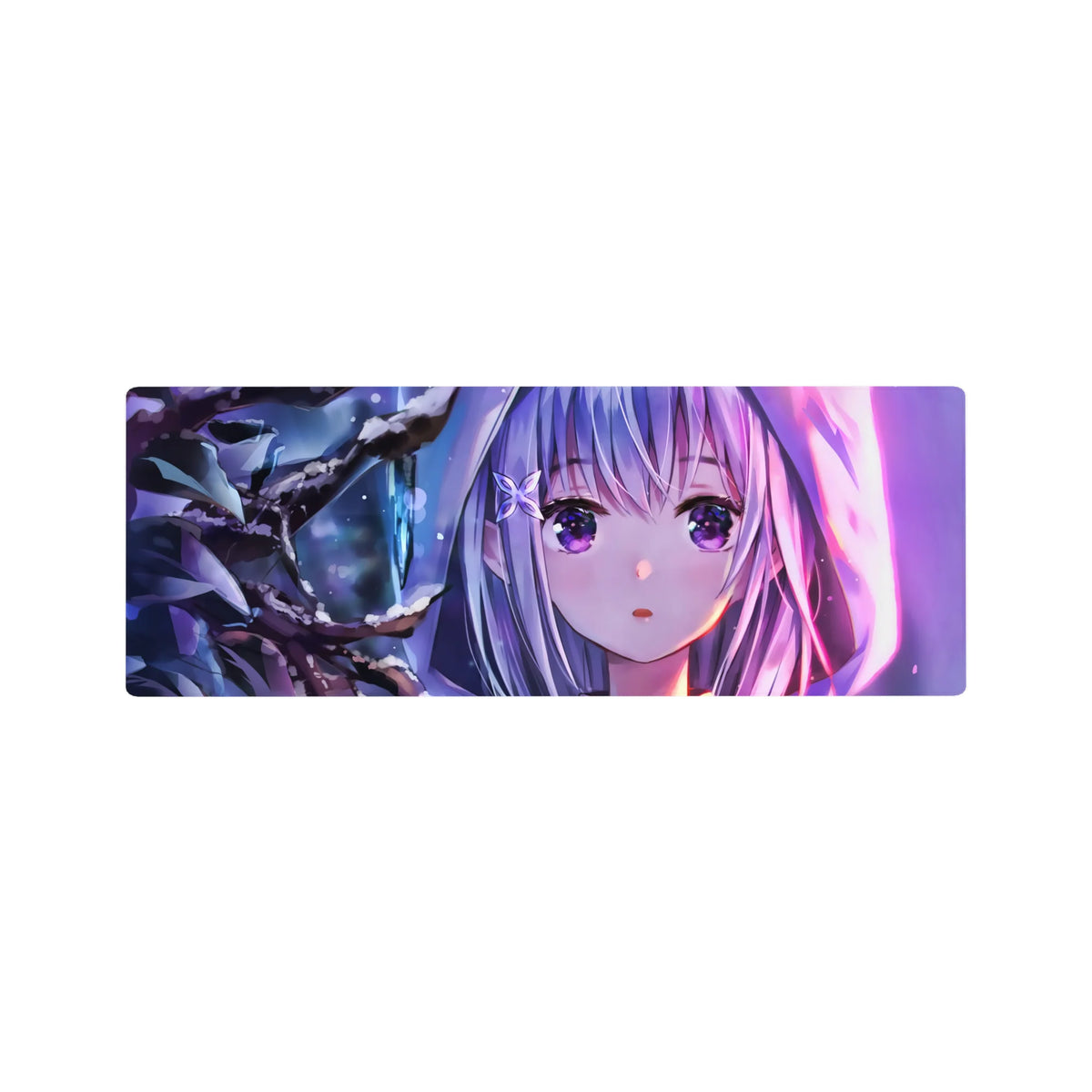32x12 inches anime girl mouse pad with Emilia-inspired winter forest art, silver hair and flower clip.