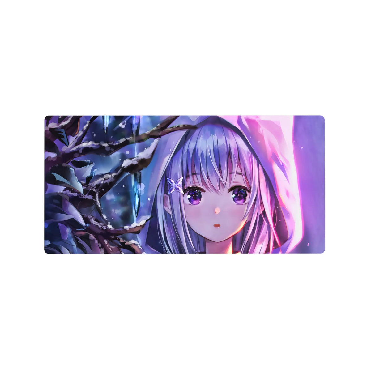 32x16 inches anime girl mouse pad with winter forest art, silver-haired girl, starry eyes, neon glow.