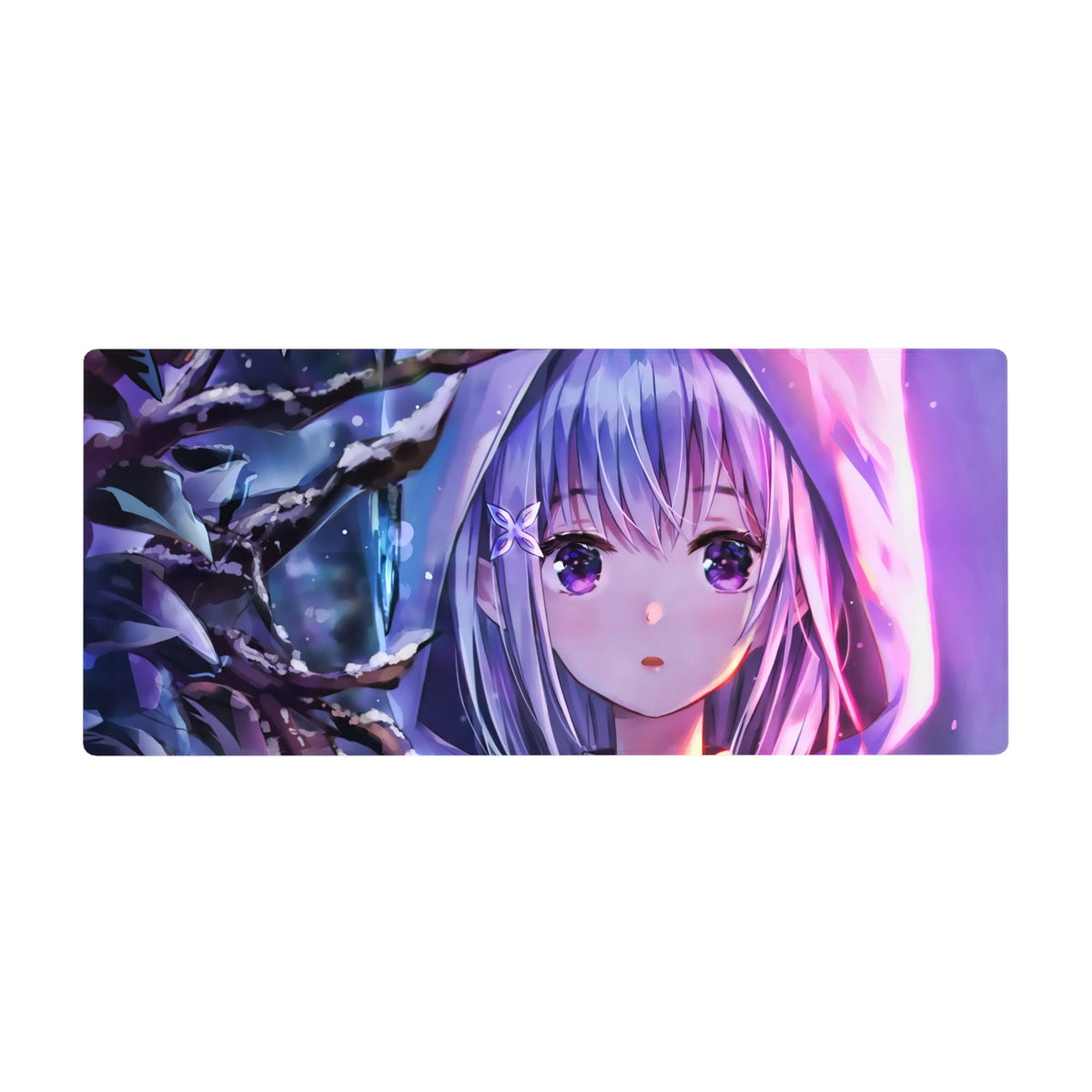 36x16 inches anime girl desk pad with Emilia-style winter forest art, smooth extended mousepad surface.
